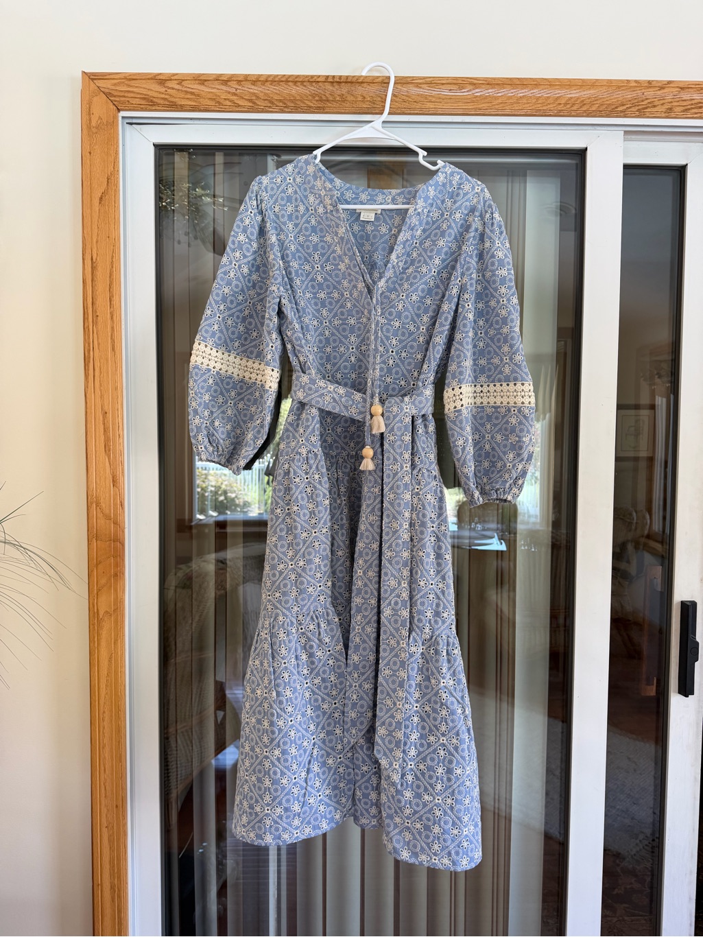 Shoshanna Blue Embroidered Long-Sleeve Midi Beach Dress With Tassel Tie